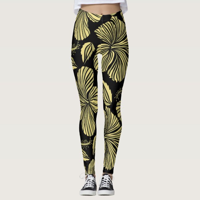 Leggings Hibiscus Tropical : Fleurs Vintages Noir-Jaune. (Devant)