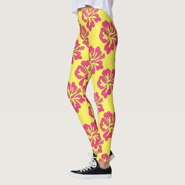 Leggings Hibiscus Tropical Jaune Rose Hawaï Fleur (Gauche)