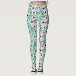 Leggings Hibiscus tropical rose et blanc Motif floral