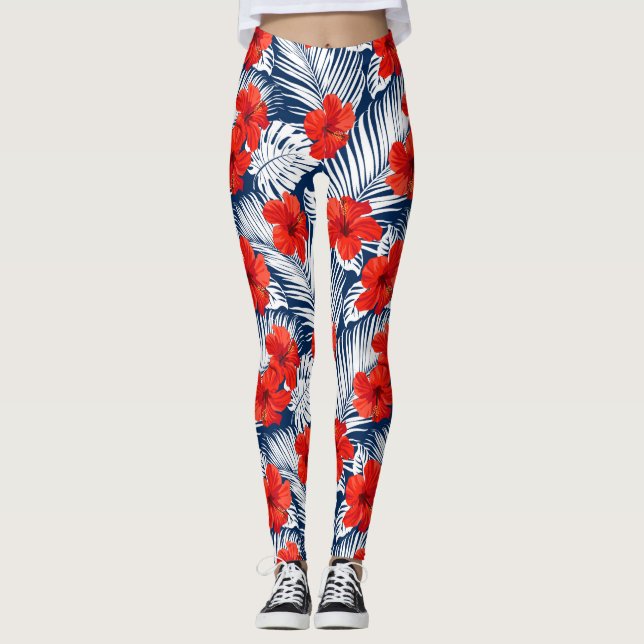 Leggings Hibiscus tropicaux Fleurs Ferns Rouge Blanc Bleu (Devant)