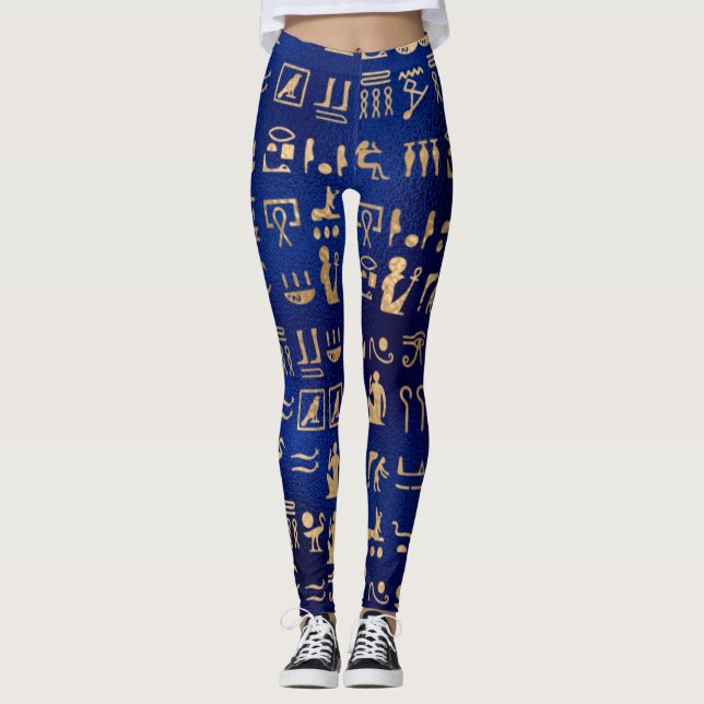 Leggings Hiéroglyphes égyptiens antiques en or sur bleu (Devant)