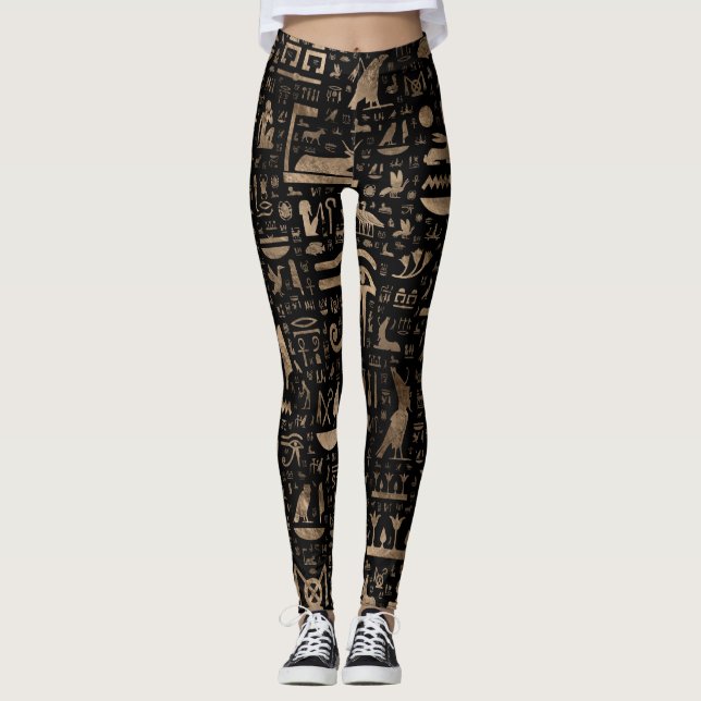Leggings Hiéroglyphes égyptiens antiques - noir et or (Devant)