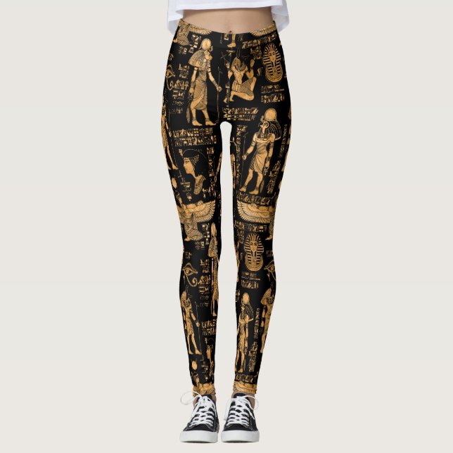 Leggings Hiéroglyphes et dieux égyptiens or et noir (Devant)