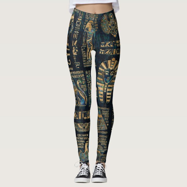 Leggings Hiéroglyphes et divinités égyptiens - ormeau et or (Devant)