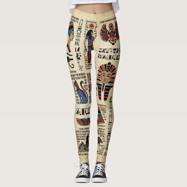 Leggings Hiéroglyphes et divinités égyptiens sur papyrus (Devant)