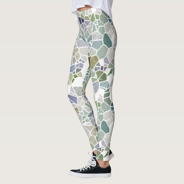 Leggings Hip rétro Turquoise Bleu Vert Taupe Mosaïque Motif (Gauche)