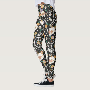 Leggings Hippie Halloween Skulls et Fleurs Motif