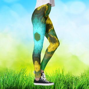 Leggings Hippie psychédélique jaune vert et cyan