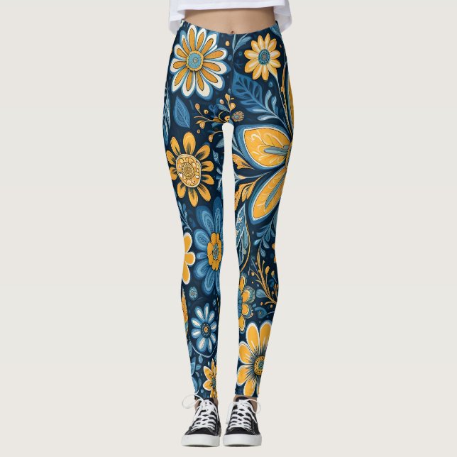 Leggings Hippie rétro Fleurs Vintages Design bleu jaune (Devant)