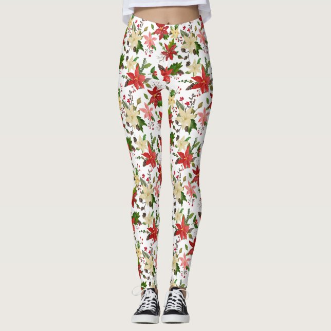 Leggings Holiday Poinsettia Holly Red Motif de Noël (Devant)