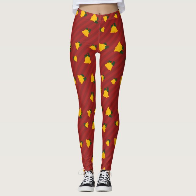 Leggings Holiday Red Gold Stripe Bells Christmas (Devant)