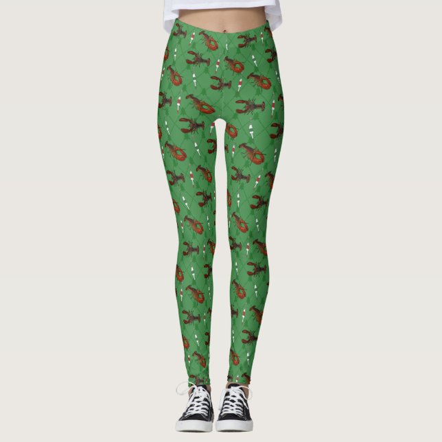 Leggings Homards et bouées de pêche sur Noël vert (Devant)