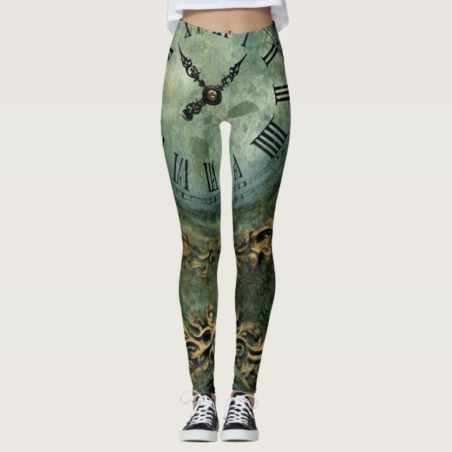 Leggings Horloge Steampunk Rustique Vert Émeraude (Devant)
