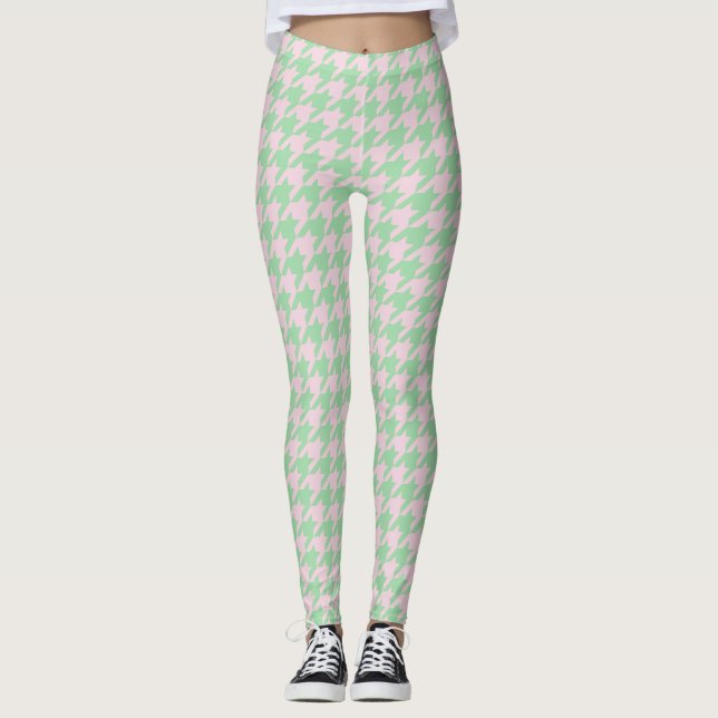Leggings Houndstooth Pied de Poule Motif Rose Green (Devant)