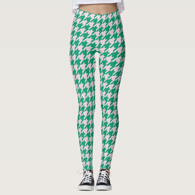 Leggings Houndstooth Pied de Poule Motif Rose Green (Devant)