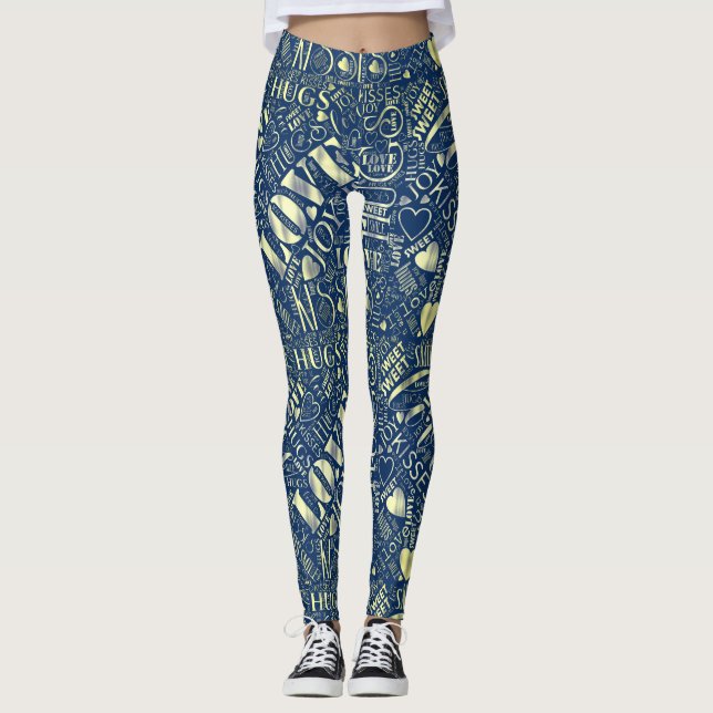 Leggings Hugs and Kisses Word Cloud Retro Blue ID286 (Devant)