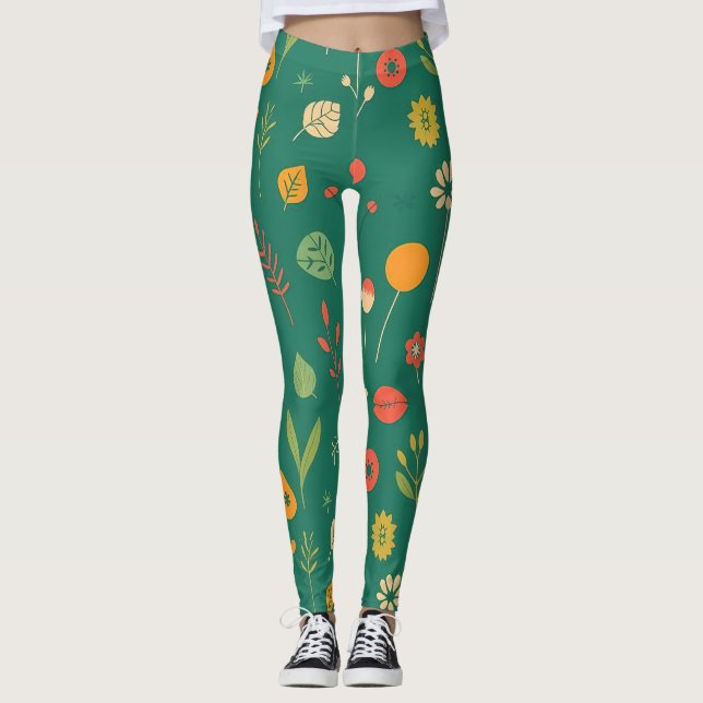 Leggings Icônes florales Whimsical sur vert (Devant)