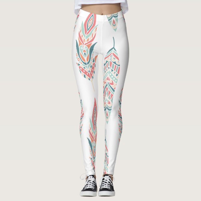 Leggings Illustration à la main des plumes ethniques (Devant)