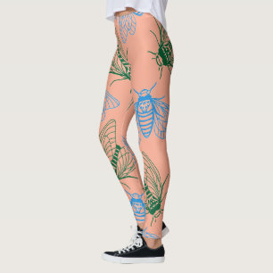 Leggings Illustration botanique de cigale motif rose corail