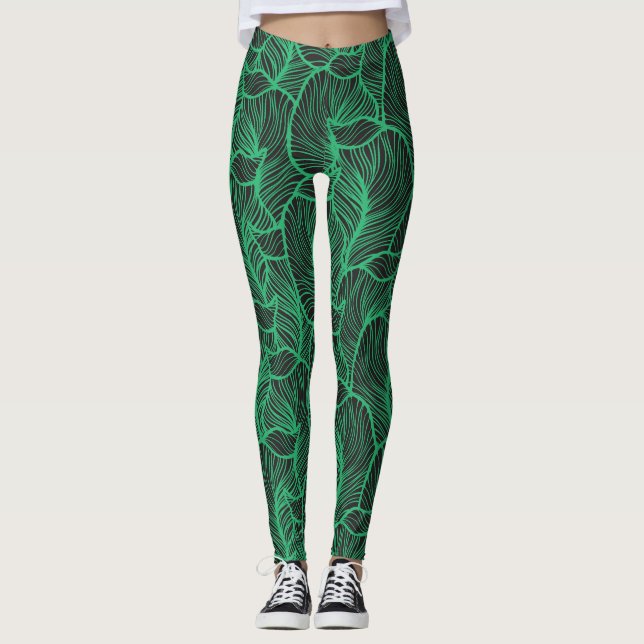 Leggings illustration de feuilles vertes en motif (Devant)