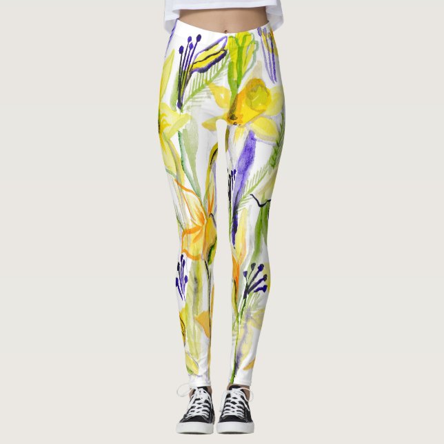 Leggings Illustration de l'aquarelle des jonquilles jaunes (Devant)