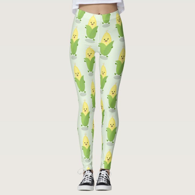 Leggings Illustration d'une caricature de maïs joyeux (Devant)