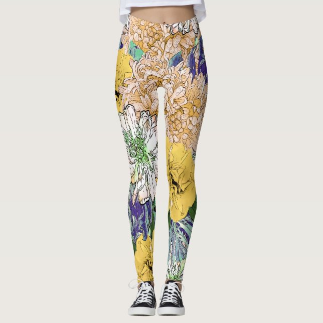 Leggings Illustration florale à la mode jaune et verte (Devant)