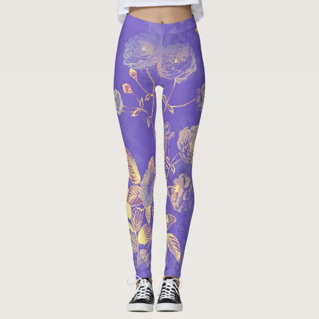 Leggings Illustration florale d'or bleu Vintage (Devant)