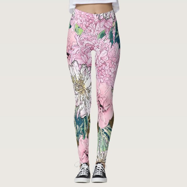 Leggings Illustration florale rose et blanche de mignonne f (Devant)