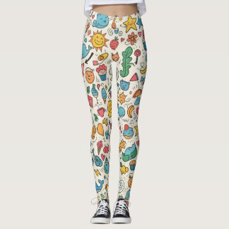 Leggings Ilustración Doodle Kawaii Ecléctica con Gatos