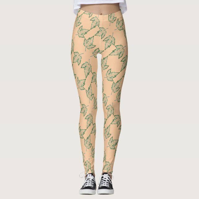 Leggings Image carrelée d'une feuille d'érable en vert sur  (Devant)