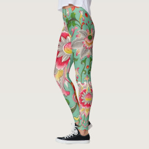 Leggings Imaginaire Floral Oriental Chinoiserie sur Vert