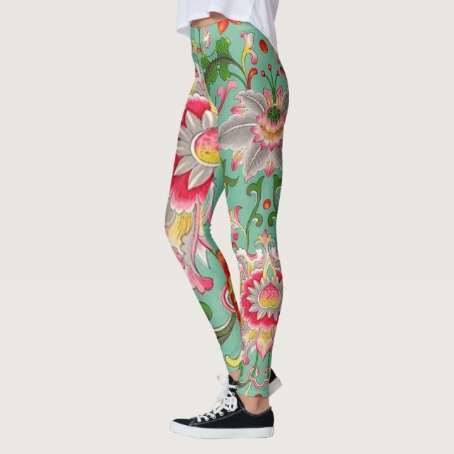 Leggings Imaginaire Floral Oriental Chinoiserie sur Vert (Gauche)