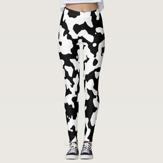 Leggings Impression Abstraite de vache Camo noir blanc (Devant)