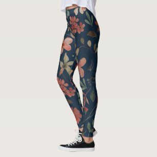 Leggings Impression d'aquarelle antique florale sur marine