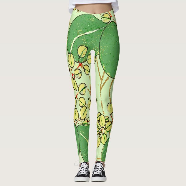 Leggings Impression de bloc de bois de feuille verte botani (Devant)