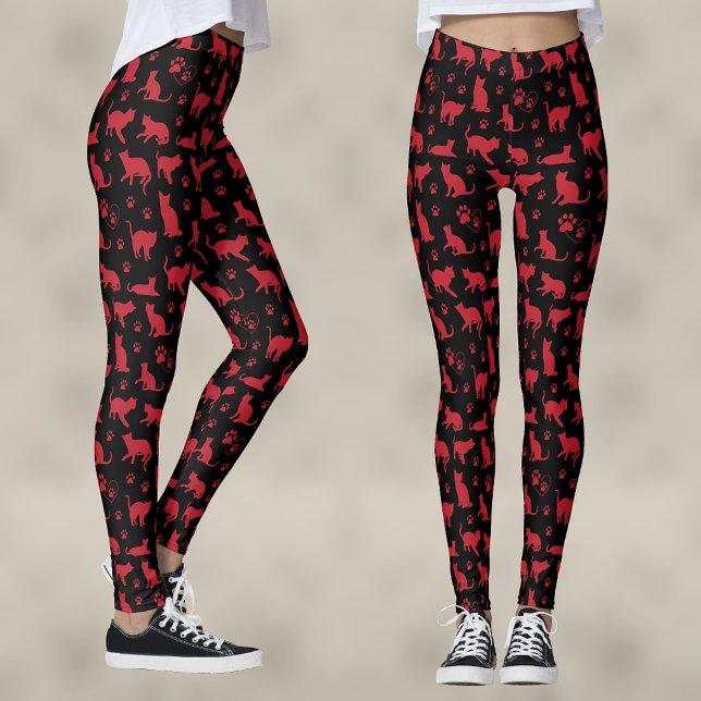 Leggings Impression de chaton noir et rouge avec empreintes (Créateur téléchargé)