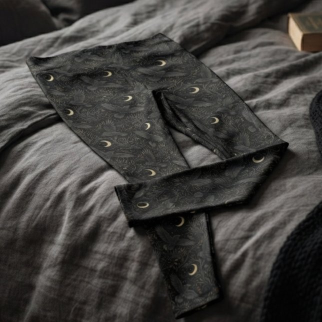 Leggings Impression de corbeau baroque en obsidienne gothiq (Gothic raven print leggings for cozy alternative lounging.)