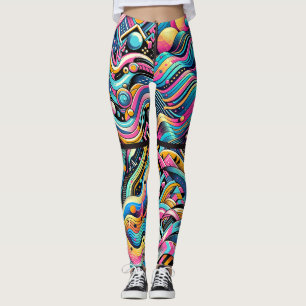 Leggings Impression de motif abstrait lumineux néon coloré 