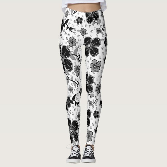 Leggings Impression florale noire et blanche (Devant)