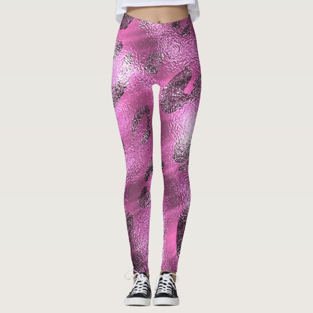 Leggings Impression léopard argenté et rose brillant feuill (Devant)