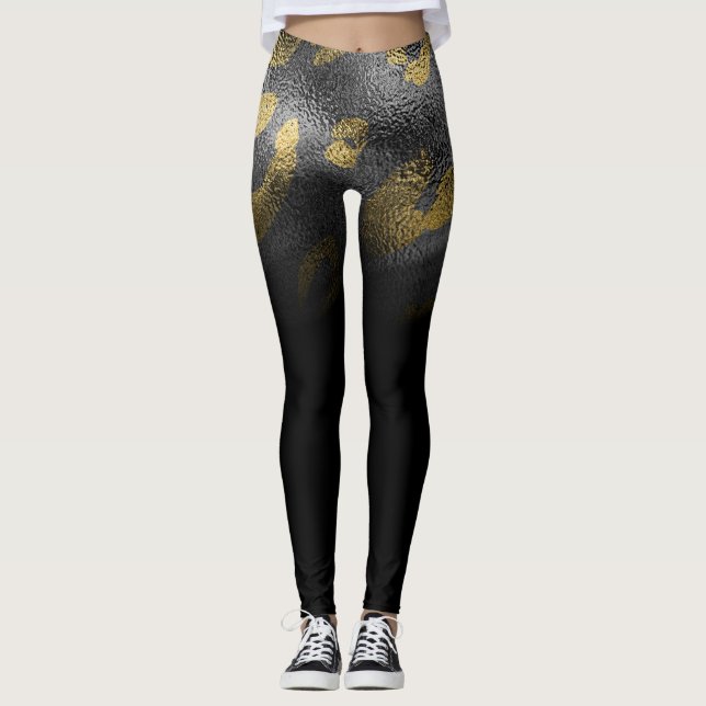 Leggings Imprimé faux léopard guépard or faux brillant noir (Devant)