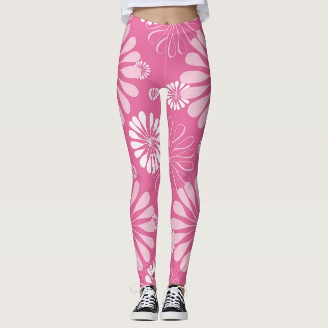 Leggings Imprimé floral rétro rose et blanc (Devant)