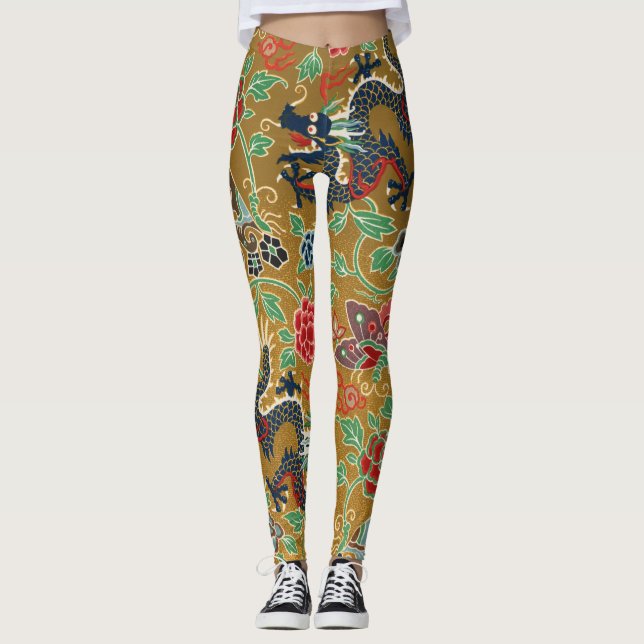 Leggings Imprimerie de dragon floral japonais d'antan (Devant)