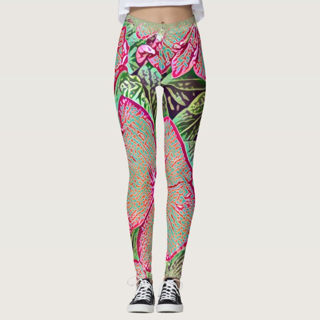 Leggings imprimés botaniques de feuille de Caladiu (Devant)