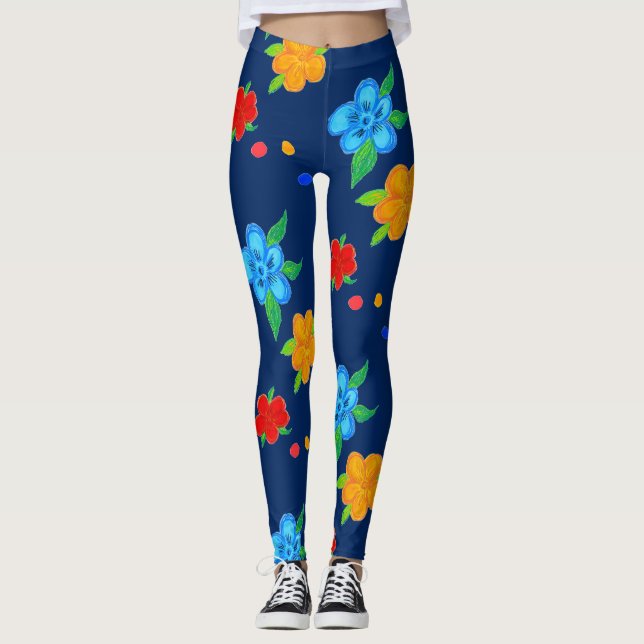 Leggings imprimés d'art floral bleu (Devant)