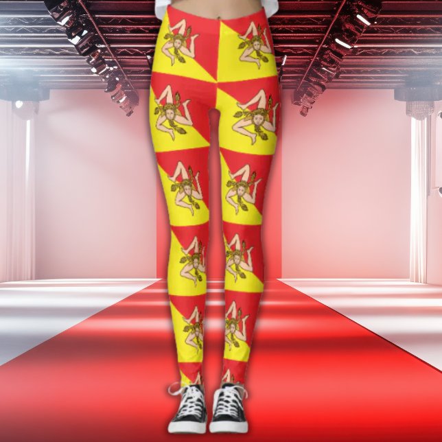 Leggings imprimés drapeau de Sicile Trinacria (Allover repeat pattern of Flag of Sicily Leggings for Sicilian events and parties)