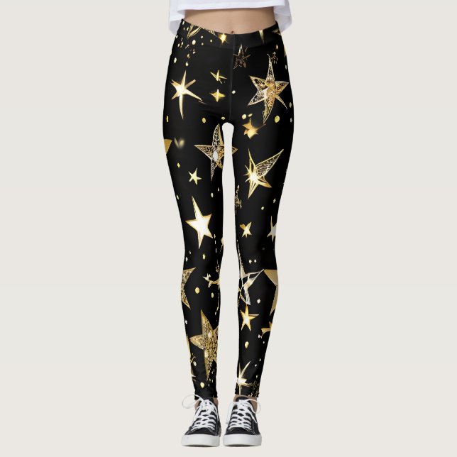 Leggings imprimés partout Black & Gold Stars (Devant)