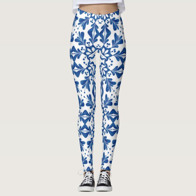 Leggings Indigo Azulejos Carreaux Motifs bleu et blanc (Devant)