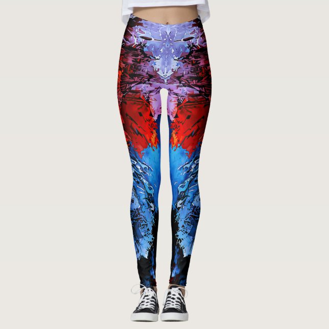 Leggings Inferno réfrigéré Bleu Rouge Art Abstrait contempo (Devant)